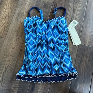 Profile by Gottex NWT Blue Ikat Ruffle Tankini Top Underwire Swim Size 32
